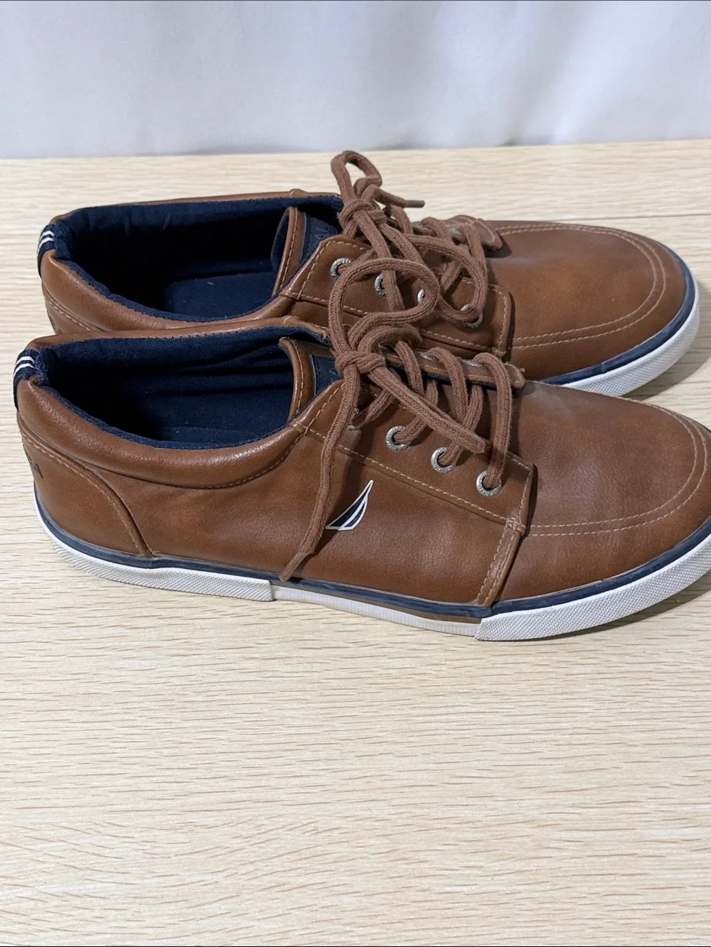 Nautica Brown Leather-Trim Navy Slip-On Sneakers